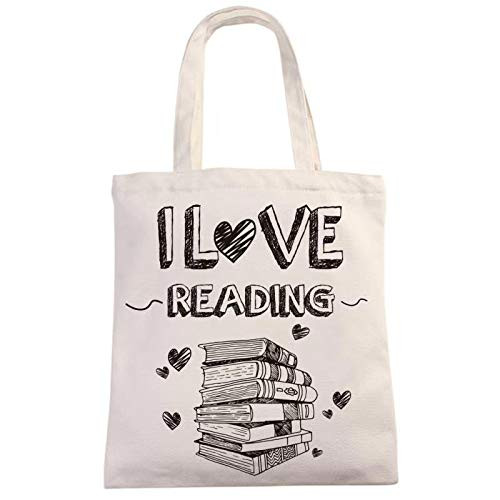 I Love Reading Natural Cotton Canvas 12 Oz Reusable Hand Made Tote Bag | Library Tote for Kids | School Bag with Printed Library Book