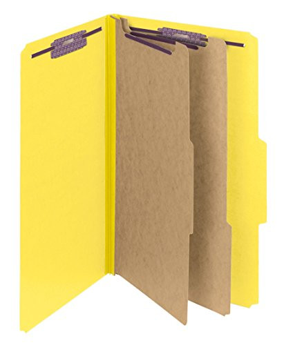 Smead Pressboard Classification File Folder with SafeSHIELD Fasteners, 2 Dividers, 2" Expansion, Legal Size, Yellow, 10 per Box (19034)