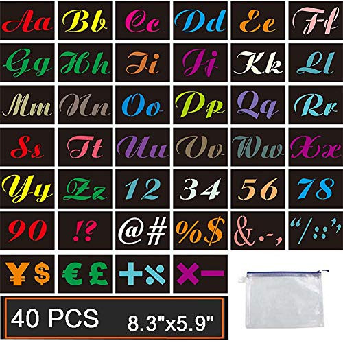 GUVVEAZ Painting Alphabet Stencils on Wood, 40 PCS Reusable Washable Letter Template with Calligraphy Font Uppercase and Lowercase Alphabet, Numbers and Signs, with Portable Zipper Bags, 8.3"x5.9"