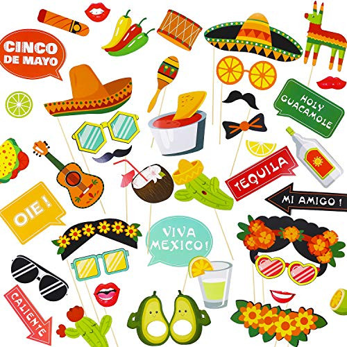 Mexican Photo Booth Props (44Pcs),Perfect for MexicanThemed Party, Mexican Fiesta Party Favor Supplies Decorations