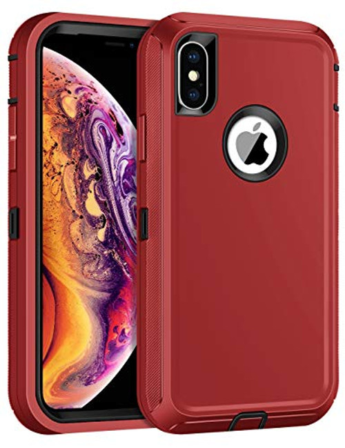 WOLLONY for iPhone Xs Max Case,3 Layer Shockproof Drop-Proof Anti-Scratch Heavy Duty Protective Case for Apple iPhone Xs Max Non-Slip Hybrid TPU PC Bumper Cover (Dark Red)