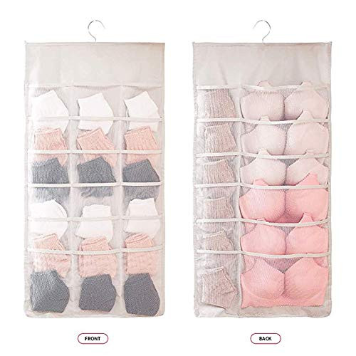 Bidiri Dual-Sided Hanging Closet Organizer with Pockets - Wall Shelf Wardrobe Storage Bags Space Saver Bag Mesh Pockets with Metal Hanger for Underwear, Stocking, Bra and Sock (30 Beige, Oxford cloth)