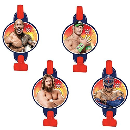 amscan Grand Slammin' WWE Birthday Party Blowouts Noisemaker Toy Favors (8 Pack), 5", Blue/Red