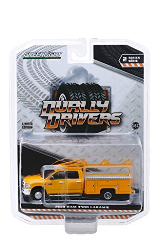 2018 Dodge Ram 3500 Laramie Service Bed Truck with Ladder Rack Yellow Dually Drivers Series 2 1/64 Diecast Model Car by Greenlight 46020 C