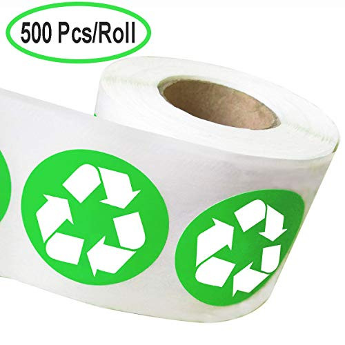 Green and White Recycle Logo Stickers, 1.5 Inches Round Recycle Symbol Sticker, 500 Recycle Sticker on a Roll