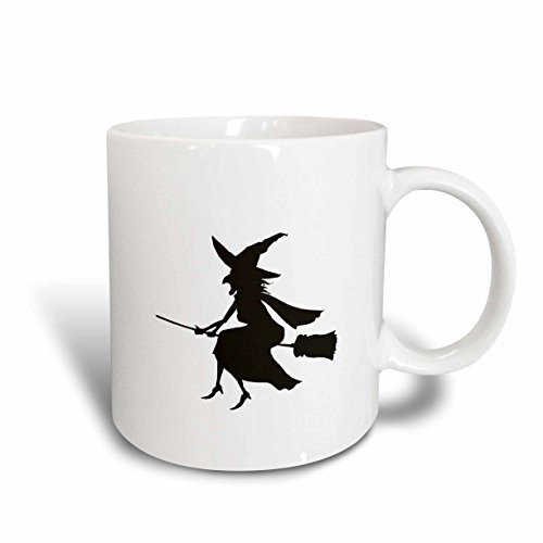 3dRose 164577_1 Witch On Broom Halloween Silhouette Ceramic Mug, 11 oz, White