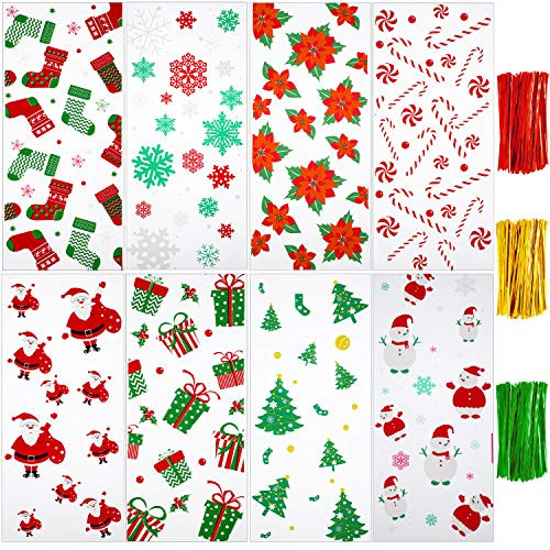 200 Pieces Christmas Cellophane Bags Christmas cello Treat Bags Candy Cookies Goodie Gift Bags with 300 Pieces Twist Ties for Theme Party Supplies, 8 Different Styles