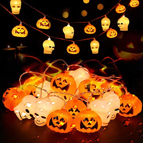 Halloween Lights, Pumpkin Lights with 20 Battery Operated LEDs, Halloween Decorations with Steady & Blink Modes, Indoor/Outdoor String Lights for Patio, Mantle, Yard (10 Pumpkins+10 Skeletons)