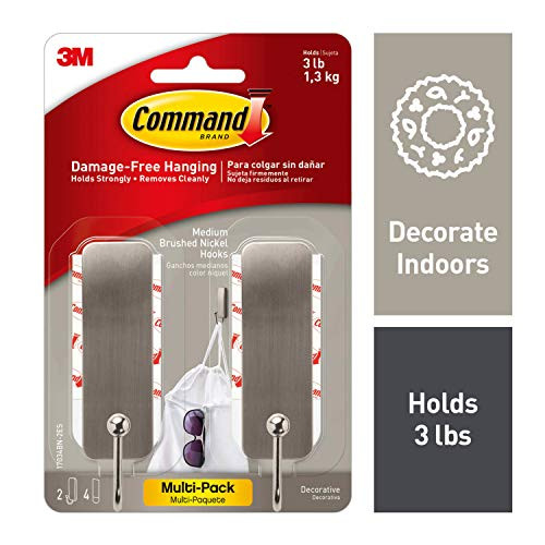 Command 17034BN-2ES Medium Brushed Nickel Decorative, 2 Hooks Per Pack