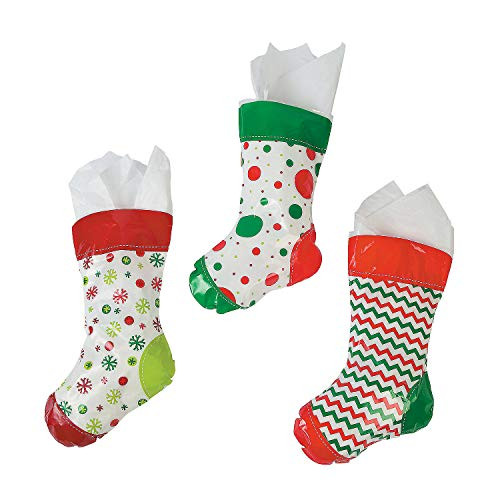 Fun Express - Plastic Stocking Treat Bags for Christmas - Party Supplies - Bags - Plastic Bags - Christmas - 12 Pieces