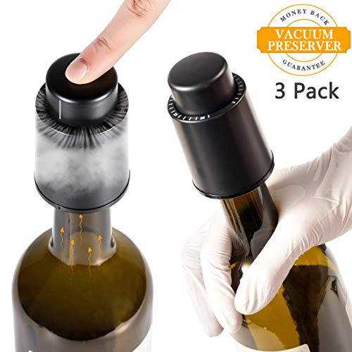Wine Stoppers with Vacuum, Keep Fresh Leakproof Reusable Plastic Silicone Red Wine Saver, Wine Sealer and Preserver Cap Air Tight Pressure Pump Bottle Plug - Black Pack of 3