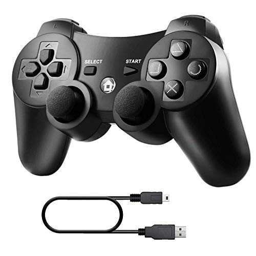 Wireless PS3 Controller, Wireless Gamepad for Playstation 3, Bluetooth Gaming Sixaxis Joystick with USB Charger Cable Cord, Black