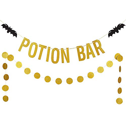 Gold Glittery Potion Bar Banner and Gold Glittery Circle Dots Garland(25pcs Circle Dots) Halloween Party Home Decor Decoration Supplies
