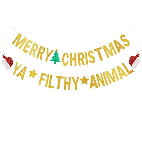 Gold Glittery Merry Christmas Banner and Gold Glittery Ya Filthy Animal Banner -Christmas Party Holiday Party Decorations,Mantle Home Decor,Xmas Sign Decor