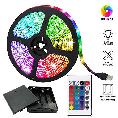 Battery Powered Led Strip Lights, 5050 2M/6.6FT, Flexible Color Changing RGB LED Light Strip, 60 LEDs 5V Battery-Powered with 24 Key Remote.