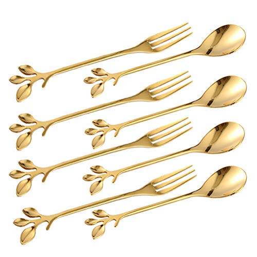 Turbokey Tableware Gold Leaf Coffee Spoon Fork,8 Pack(4 Spoons 4 Forks) Little Demitasse Espresso Spoon and Appetizer Dessert Forks Set,4.7 Inches Tea Spoon Set (Gold8) Turbokey Tableware Gold Leaf Coffee Spoon Fork,8 Pack(4 Spoons 4 Forks) Little Demitasse Espresso Spoon and Appetizer Dessert Forks Set,4.7 Inches Tea Spoon Set (Gold8)