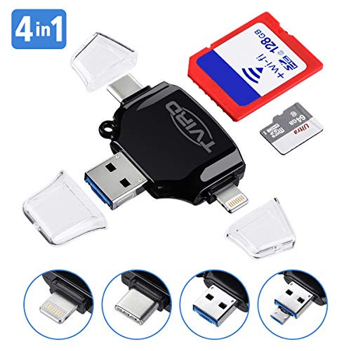 SD Card Reader, Tvird - 4 in 1 SD/TF Memory Card Reader USB 3.0, USB OTG Interface, Type-C, Lightning Connector, Micro SD Card Reader for iPhone/iPad/Android/MacBook/PC/Laptop, Trail Camera Viewer