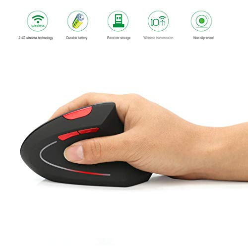 Ergonomic Mouse, 2.4G Optical Wireless Vertical Mouse with USB Receiver, 6 Buttons, 3 Adjustable DPI 800/1600/2400 for Notebook, Laptop, Computer, PC, MacBook (Black)