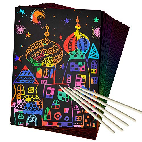 ZMLM Scratch Art Set, 50 Piece Rainbow Magic Scratch Paper for Kids Black Scratch Off Art Notes Boards with 5 Wooden Stylus for Christmas Party Birthday Game 