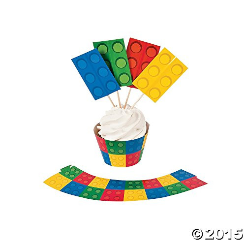 Fun Express Color Building Brick Party Cupcake Wrappers with Picks (100 Pack)
