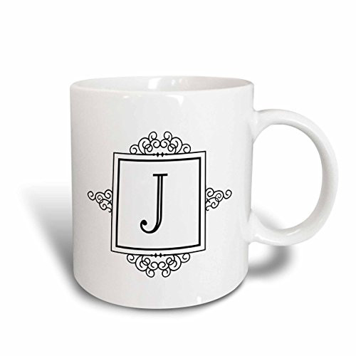 3dRose Initial J, Personal Monogrammed Black and White Typography, Elegant, Ceramic Mug, 15-Oz