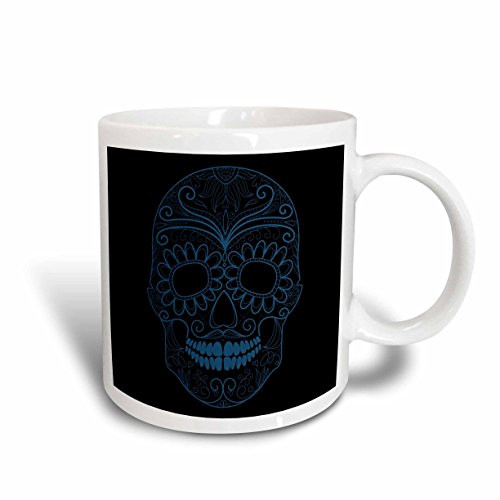 3dRose Blue and Black Sugar Skull Day of The Dead Art Ceramic Mug, 15-Ounce