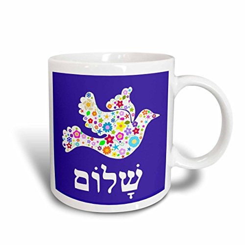 3dRose White Floral Dove of Peace with Hebrew Shalom Text, Flowers, Jewish, Ceramic Mug, 15-Oz