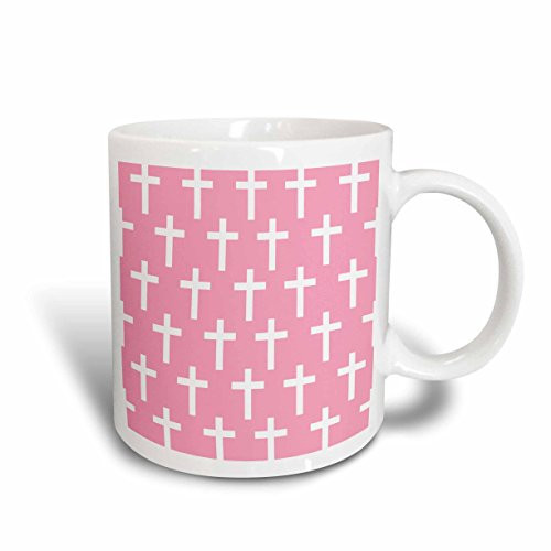 3dRose 185496_2"Pink Christian Pattern with White Religious Crucifix Crosses" Ceramic Mug 15 oz Multicolor