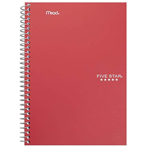 Five Star Spiral Notebook, 5 Subject, College Ruled Paper, 9-1/2" x 6", Red (73657)