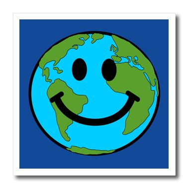 3dRose ht_76666_2 Planet Earth Smiley Face Happy World Globe Earth Day Smile for Peace Eco Friendly Green Symbol Iron on Heat Transfer Paper for White Material, 6 by 6"