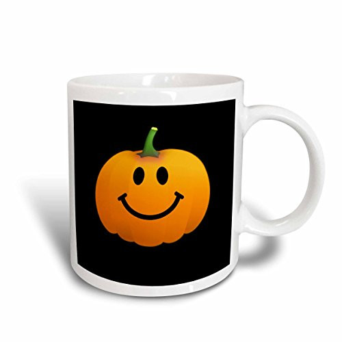 3dRose mug_123154_1 Orange Pumpkin Smiley Face on Black Cute Happy Halloween Jack O Lantern Cartoon Fun Smileys Ceramic Mug, 11 oz, White