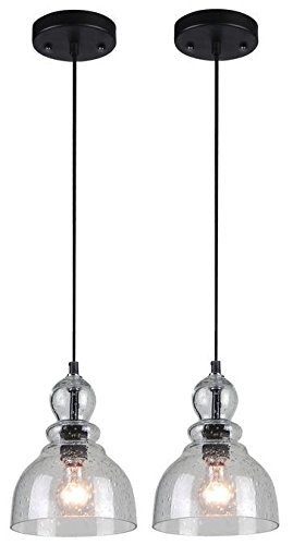 One-Light Adjustable Mini Pendant with Handblown Clear Seeded Glass, Oil Rubbed Bronze Finish - 2-Pack