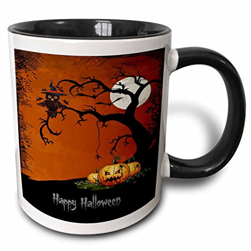 3dRose mug_65464_4"Halloween Night With Haunted Tree and Pumpkins" Two Tone Black Mug, 11 oz, Multicolor