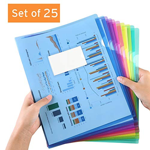 Sooez Clear Document Folders, 25 Pack Project Pockets Letter Size Plastic Document Folders with Label Pocket, US Paper Poly Jacket Sleeves Folders Transparent L-Type, Assorted Color