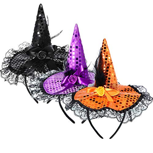Blulu 3 Pieces Halloween Witch Hat Headband Witch Hat Headpiece Masquerade Witch Headband for Costume Halloween Party Decoration (Color Set 2)