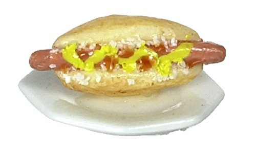 Falcon Miniatures Dollhouse Miniature Hot Dog with Mustard on a Bun w/Porcelain Plate
