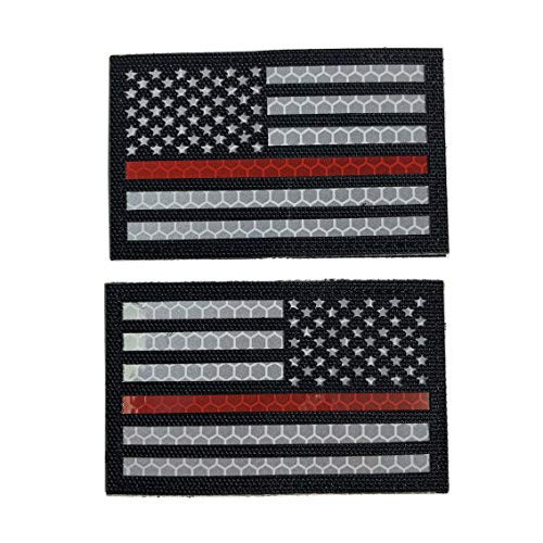 Reflective Thin Red Line US USA American Flag Firefighter First Responders Patches for Search and Rescue with Hook and Loop Fastener Patch (Forward+Reversed)