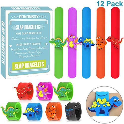 POKONBOY Dinosaur Slap Bracelets for Boys Party Favors, 12 Pack Wristband Slap Band Dinosaur Birthday Party Supplies Carnival Prizes for Boys Girls Kids