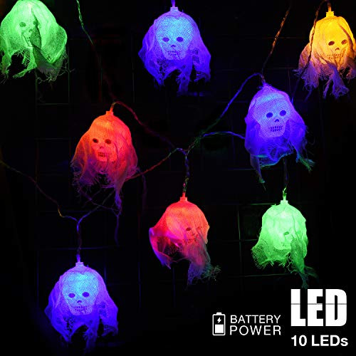 AOSTAR Skeleton Halloween Light Decorations, 10 LEDs White Gauze Skull String Lights for Halloween Indoor/Outdoor Home, Holiday Party Decor - Battery Operated (Colorful)