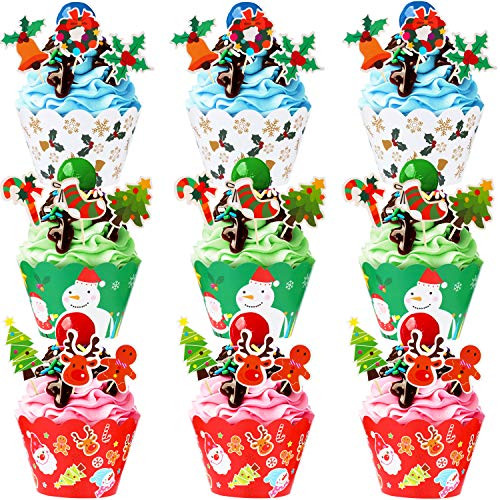 144 Pieces Christmas Cupcake Wrappers and Toppers Kit Cake Decoration with Christmas Tree Santa Claus Snowman Reindeer Design for Christmas Party Decoration 144 Pieces Christmas Cupcake Wrappers and Toppers Kit Cake Decoration with Christmas Tree Santa Claus Snowman Reindeer Design for Christmas Party Decoration