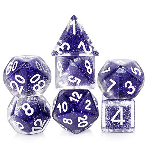 DND Game Dice,DNDND 7 Die Purple Glitter Resin Dice with Organza Bag for Dungeons and Dragons,D&D,Role Playing Games and Table Games