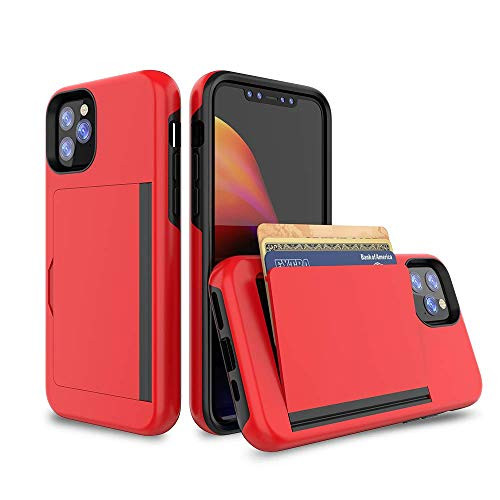 FDTCYDS iPhone 11 Pro Max Case with Card Holder,Shockproof Armor Silicone Hybrid Rugged Protective Wallet Cover Case for Apple iPhone 11 Pro Max (6.5 inch Edition)- Red