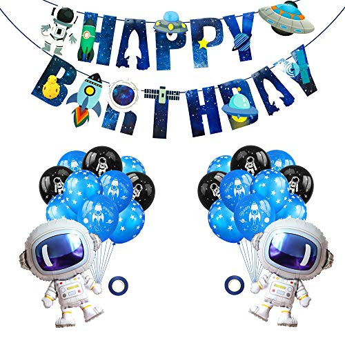 Astronaut Balloons Party Banner Set,Space Man Foil Mylar Balloon Latex Balloon Set for Outer Space Themed Birthday Party Decorations,Happy Birthday Party Supplies