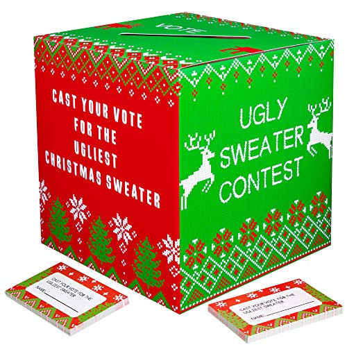 Ugly Sweater Contest Ballot Box - Christmas Party Game Supplies with 50 Voting Cards(Assembly Needed)