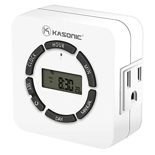 Kasonic Digital Timer Outlet, 7 Days Heavy Duty Programmable Light Timer; Indoor Use; ETL Listed with 2 AC Plug Capacity for Electrical Outlets, Lights, Lamps (White)