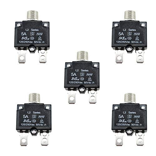 KOOBOOK 5Pcs 5A 10A 20A Push Button Resettable Thermal Circuit Breaker Current Overload Protector Panel Mount DC50V AC125/250V 5A