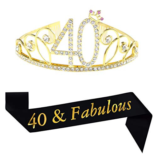 40th Brithday Gold Tiara and Sash, 40 & Fabulous Glitter Satin Sash and Crystal Rhinestone Birthday Crown for Happy 40th Birthday Party Supplies Favors Decorations 40th Birthday Cake Topper