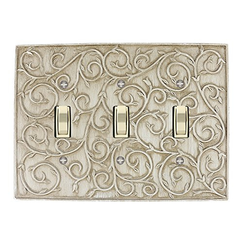 Meriville French Scroll 3 Toggle Wallplate, Triple Switch Electrical Cover Plate, Weathered White