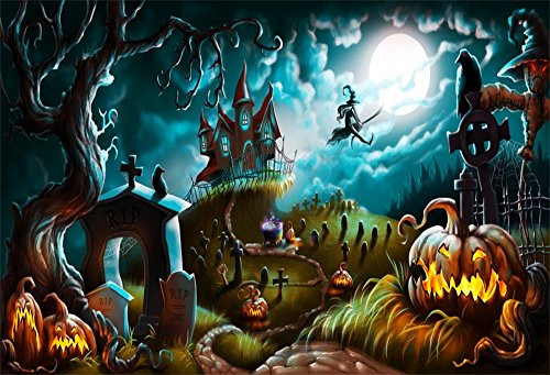 OFILA Halloween Backdrop for Kids Backdrop 7x5ft Creepy Graveyard Halloween Pumpkin Laterns Witchs Haunted Castle Crow Enchanted Forests Kids Halloween Party Photos Background Digital Studio Props
