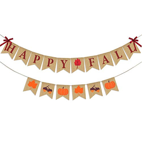 Thanksgiving Fall Decorations, Happy Fall Burlap Banner and Autumn Pumpkins Maple Leaves Acorn Garlands Bunting, Mantel Fireplace Decor Thanksgiving Fall Decorations, Happy Fall Burlap Banner and Autumn Pumpkins Maple Leaves Acorn Garlands Bunting, Mantel Fireplace Decor